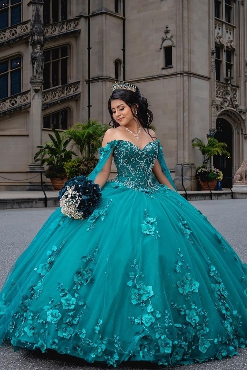 Blue Off the Shoulder Ball Gown Quinceanera Dress with 3D Appliques