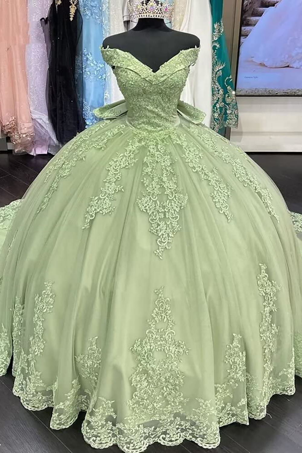 Sage Off the Shoulder Applique Ball Gown Quinceanera Dress with Train
