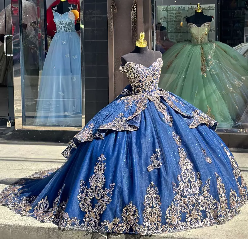 Navy Golden Off the Shoulder Ball Gown Applique Tiered Quinceanera Dress with Bow