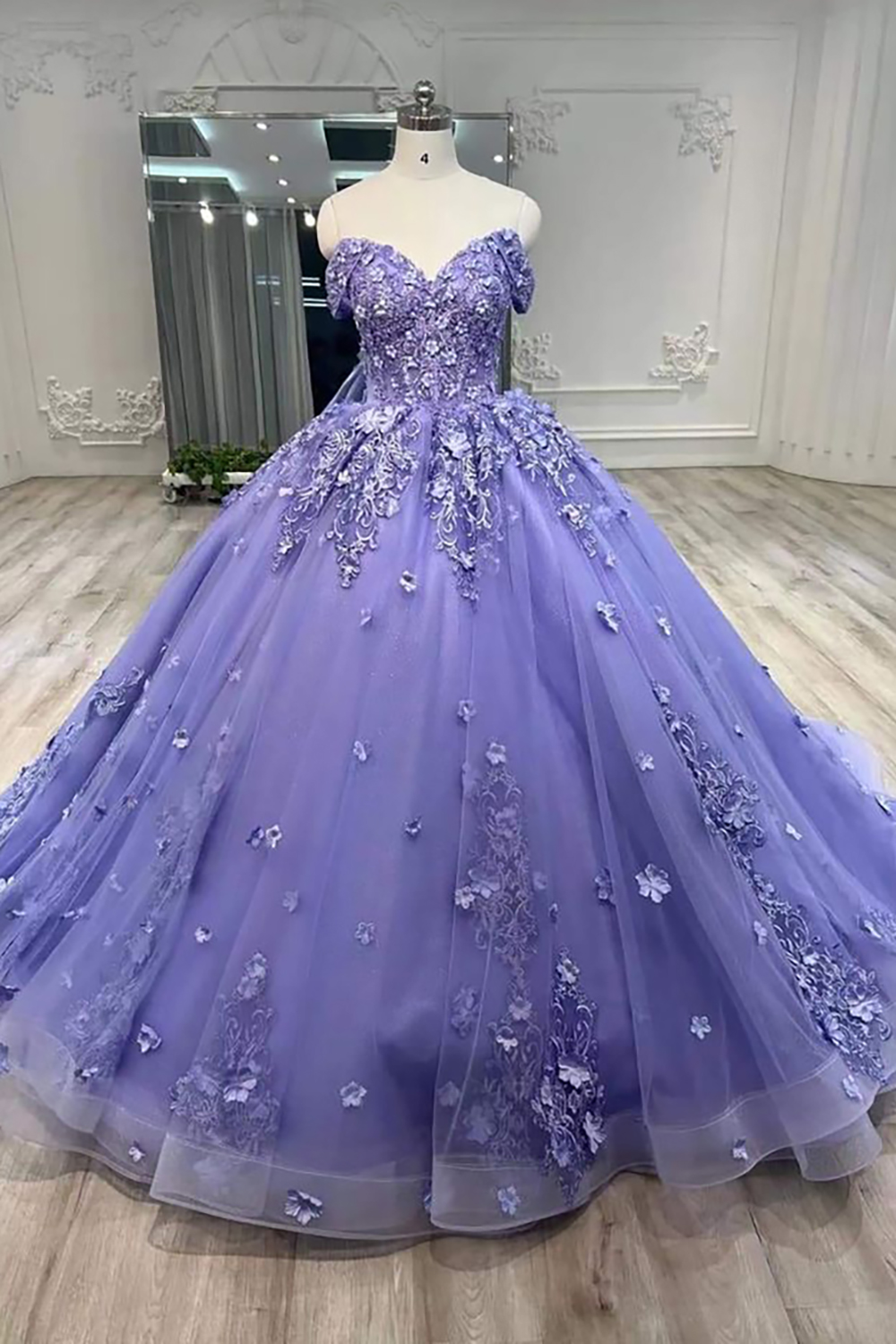 Lavender Tulle Off the Shoulder Ball Gown Applique Quinceanera Dress