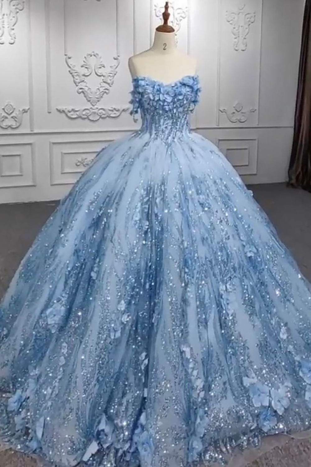 Sky Blue Sequins Tulle Ball Gown Applique Off the Shoulder Quinceanera Dress