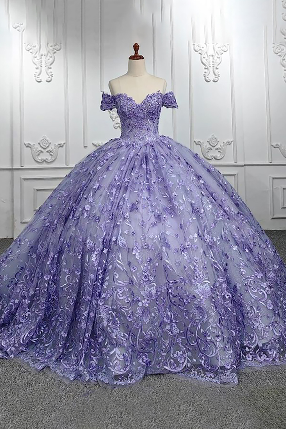 Lavender Princess Off the Shoulder Tulle Quinceanera Dress with Appliques