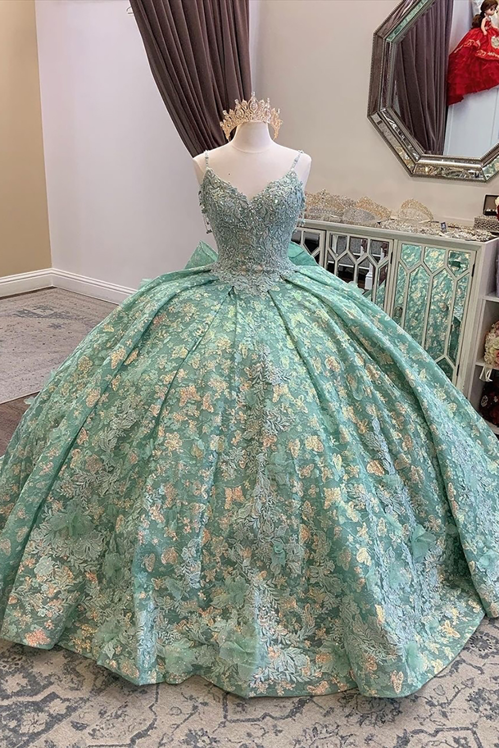 Sage Green Floral Spaghetti Straps Tulle Ball Gown Applique Quinceanera Dress