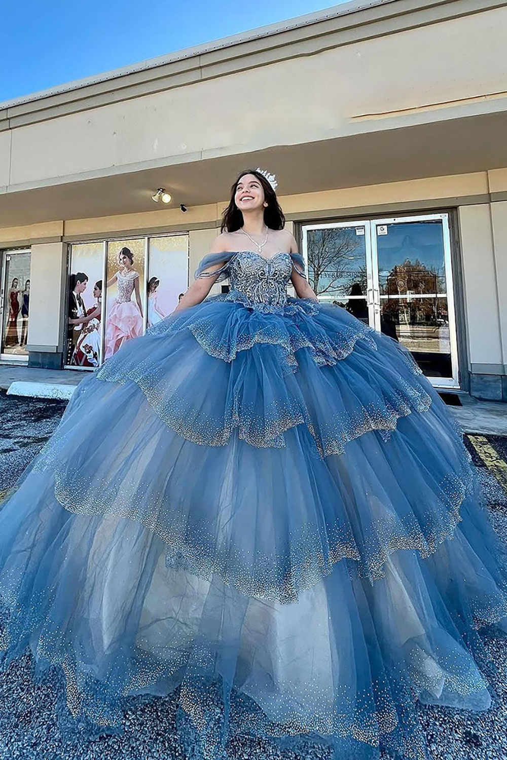 Glitter Blue Off the Shoulder Ball Gown Tulle Tiered Beaded Quinceanera Dress
