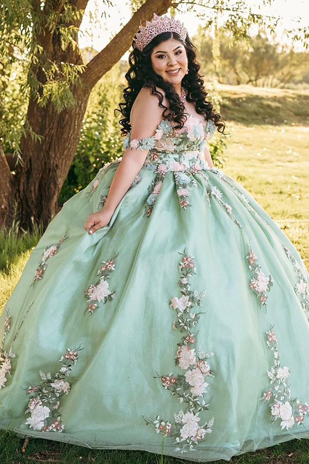 Dusty Sage Princess Off the Shoulder Tulle Quinceanera Dress with Appliques