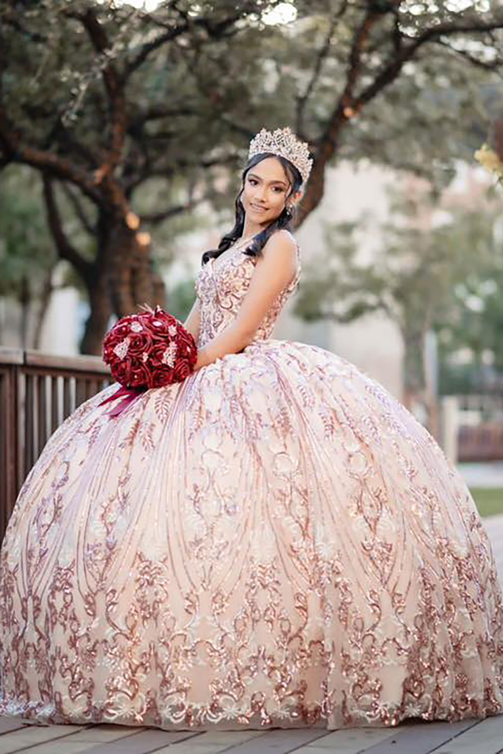 Sparkly Gold Rose Ball Gown V-neck Quinceanera Dress with Sequins