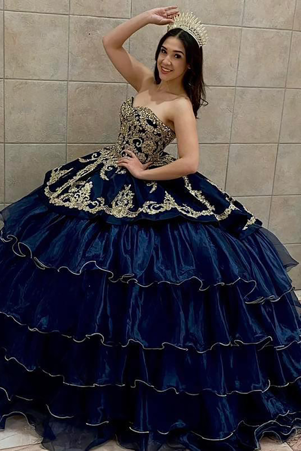 Sparkly Navy Gold Sweetheart Princess Tiered Applique Quinceanera Dress