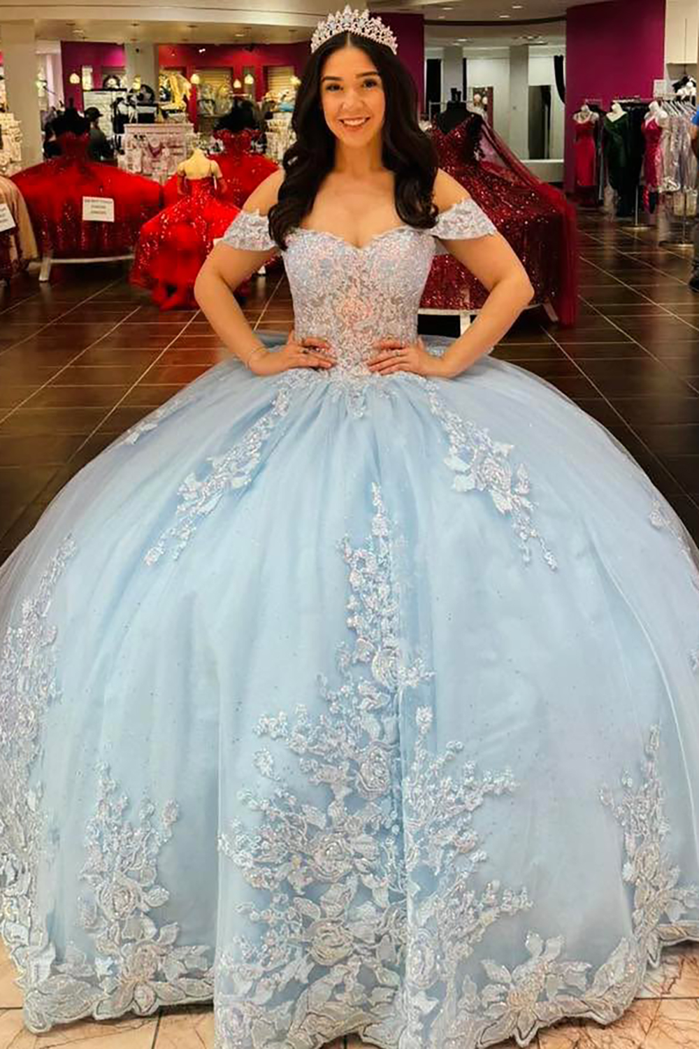 Sky Blue Off the Shoulder Applique Princess Tulle Quinceanera Dress with Train