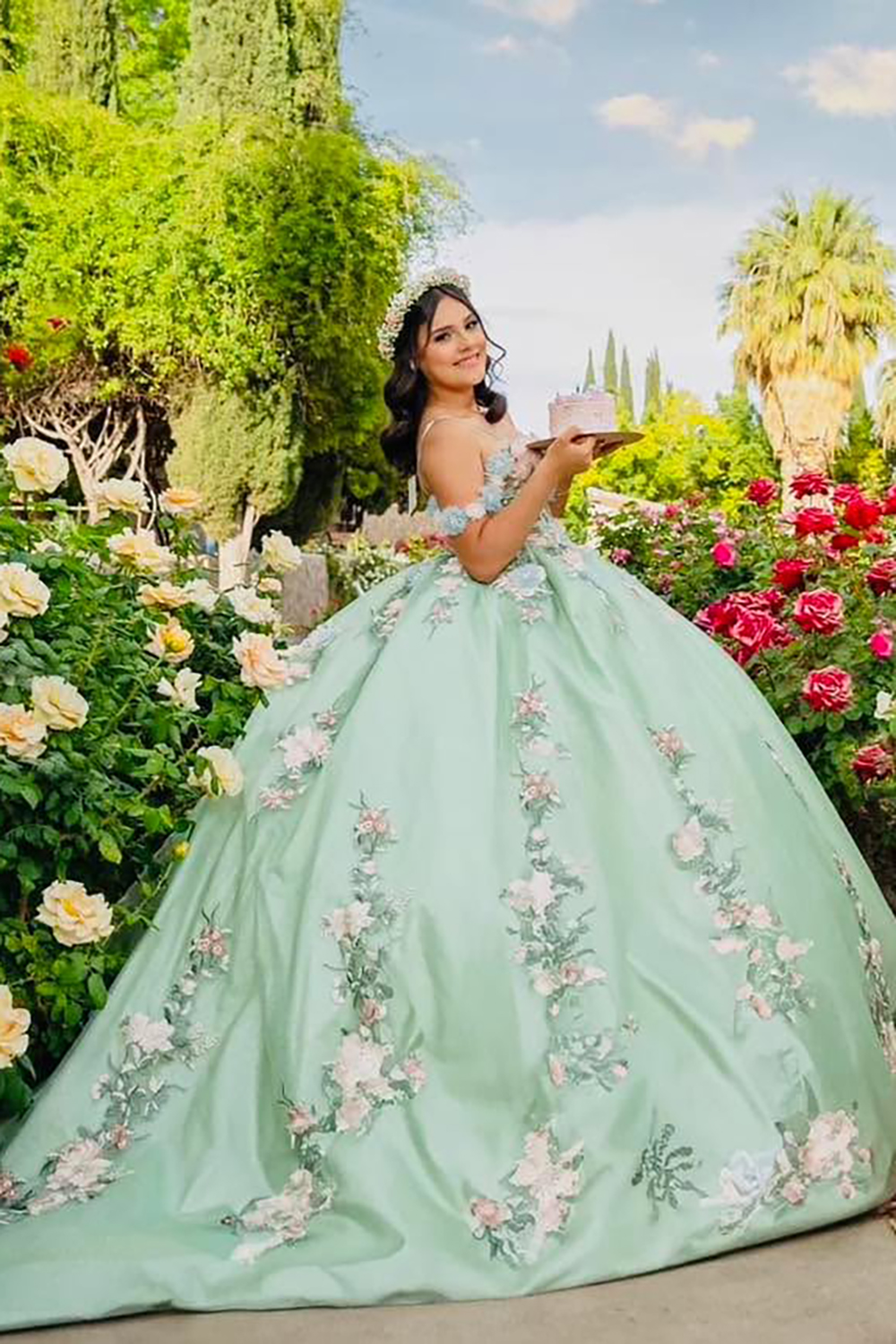 Sage Cold Sweetheart Applique Ball Gown Satin Quinceanera Dress