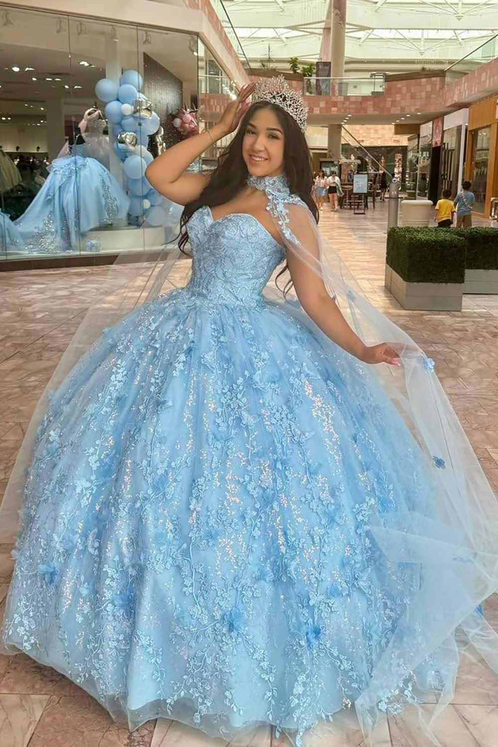 Sky Blue Butterfly Sweetheart Applique Ball Gown Tulle Quinceanera Dress