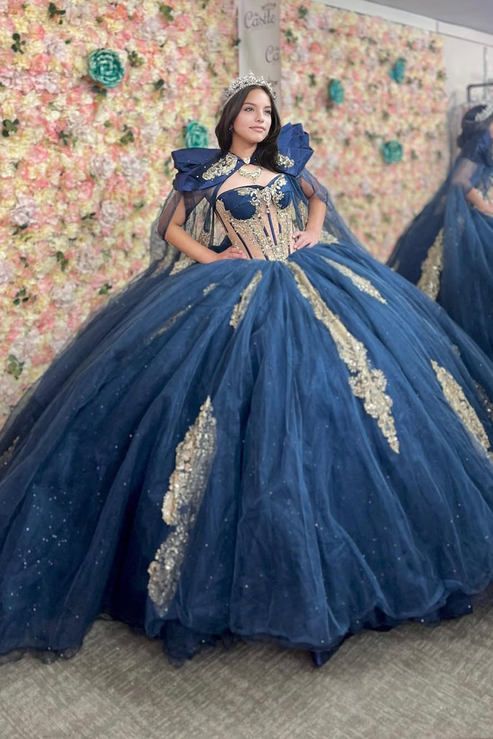 Navy Golden Off the Shoulder Beaded Applique Ball Gown Tulle Quinceanera Dress with Train