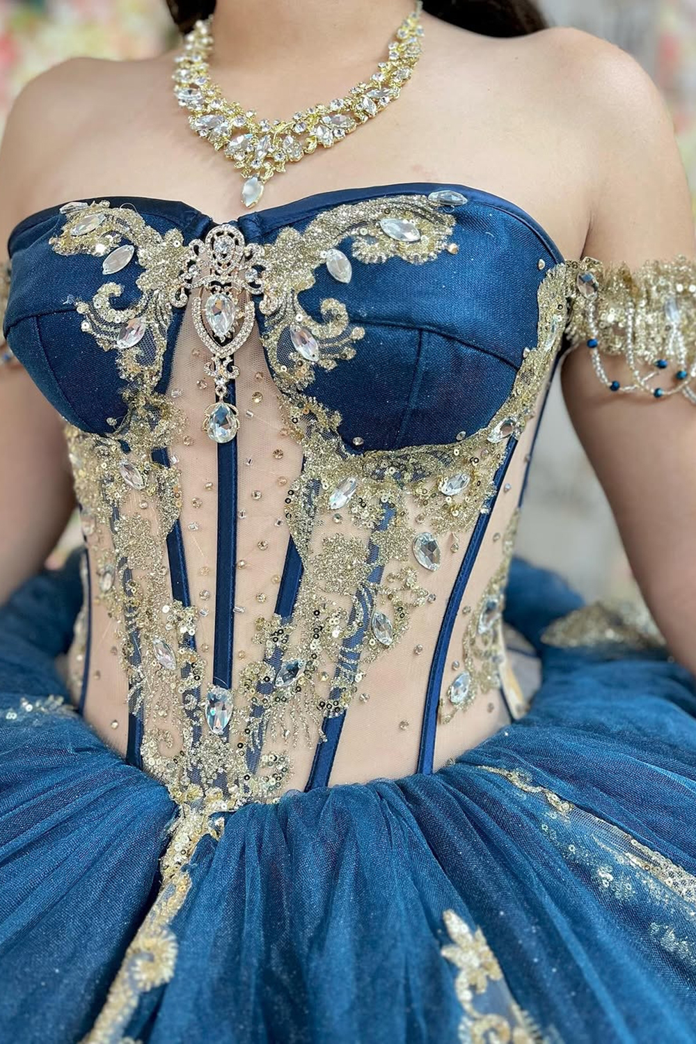 Navy Golden Off the Shoulder Beaded Applique Ball Gown Tulle Quinceanera Dress with Train