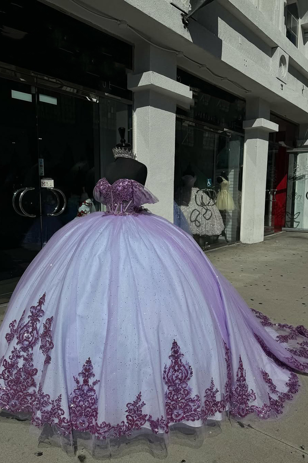 Sparkly Lavender Off the Shoulder Sequin Applique Princess Tulle Quinceanera Dress with Train