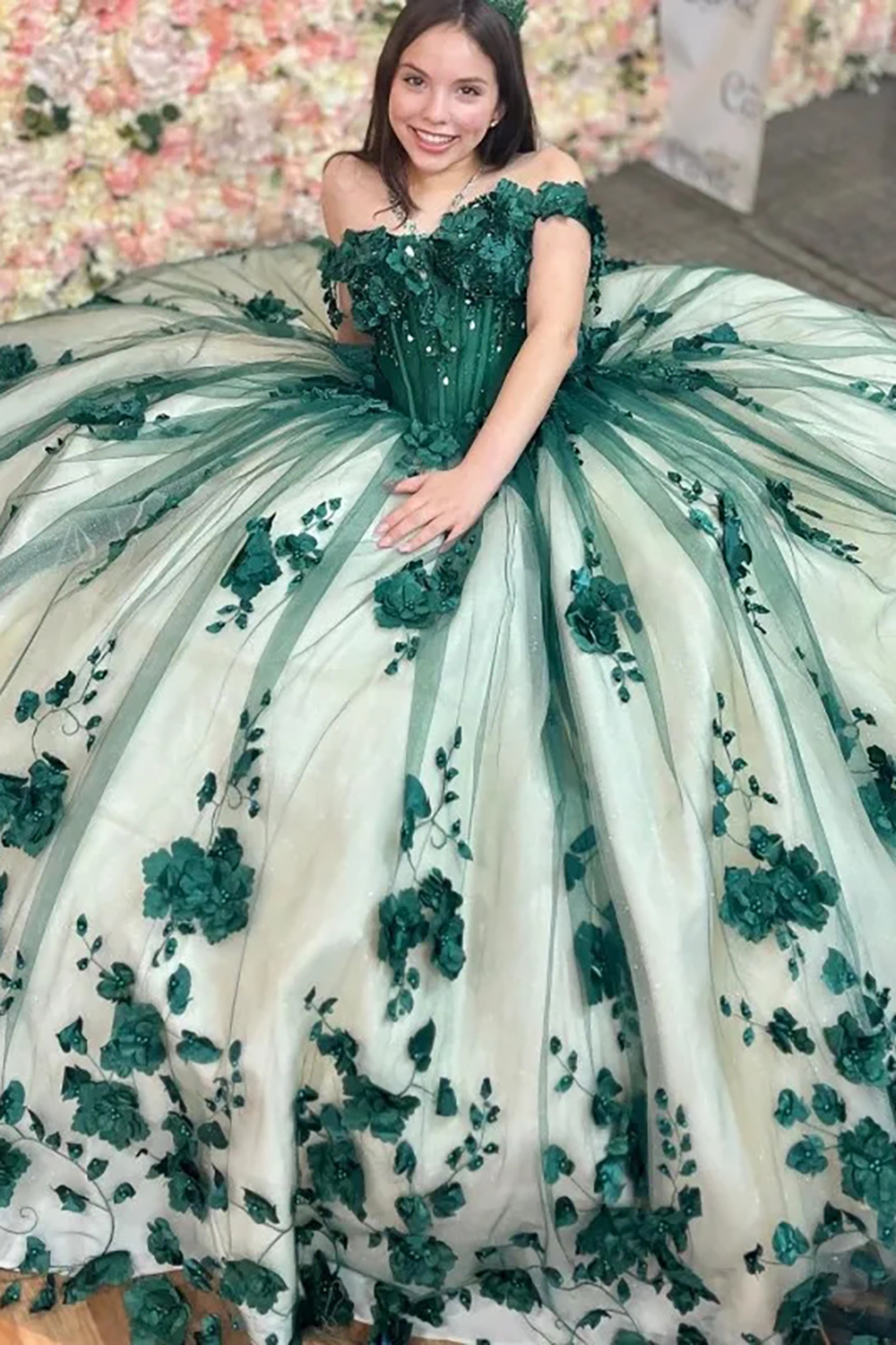 Dark Green Champagne Off the Shoulder Applique Princess Tulle Quinceanera Dress with Floral