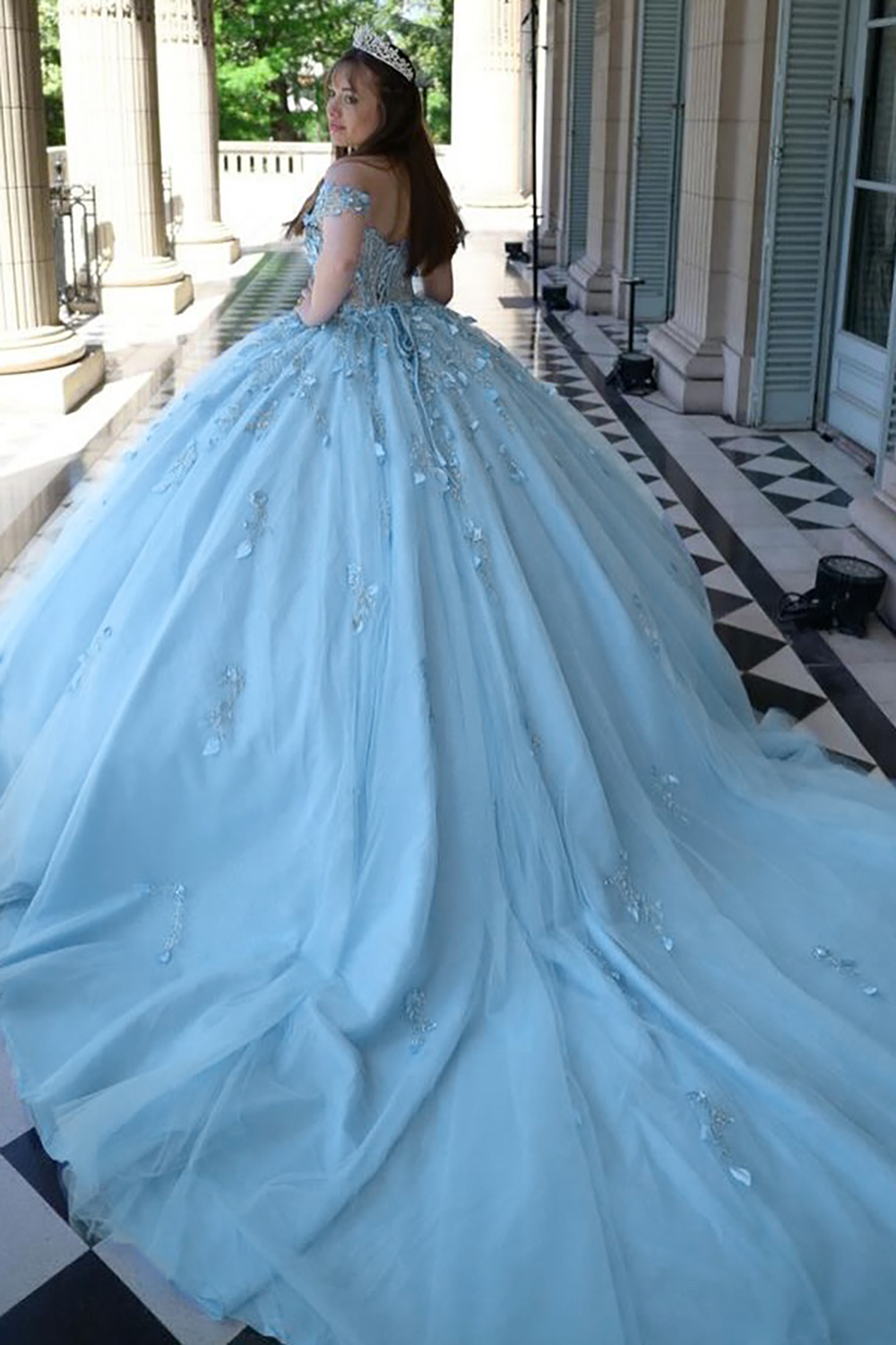 Sky Blue Off the Shoulder Sequin Applique Princess Tulle Quinceanera Dress with Train