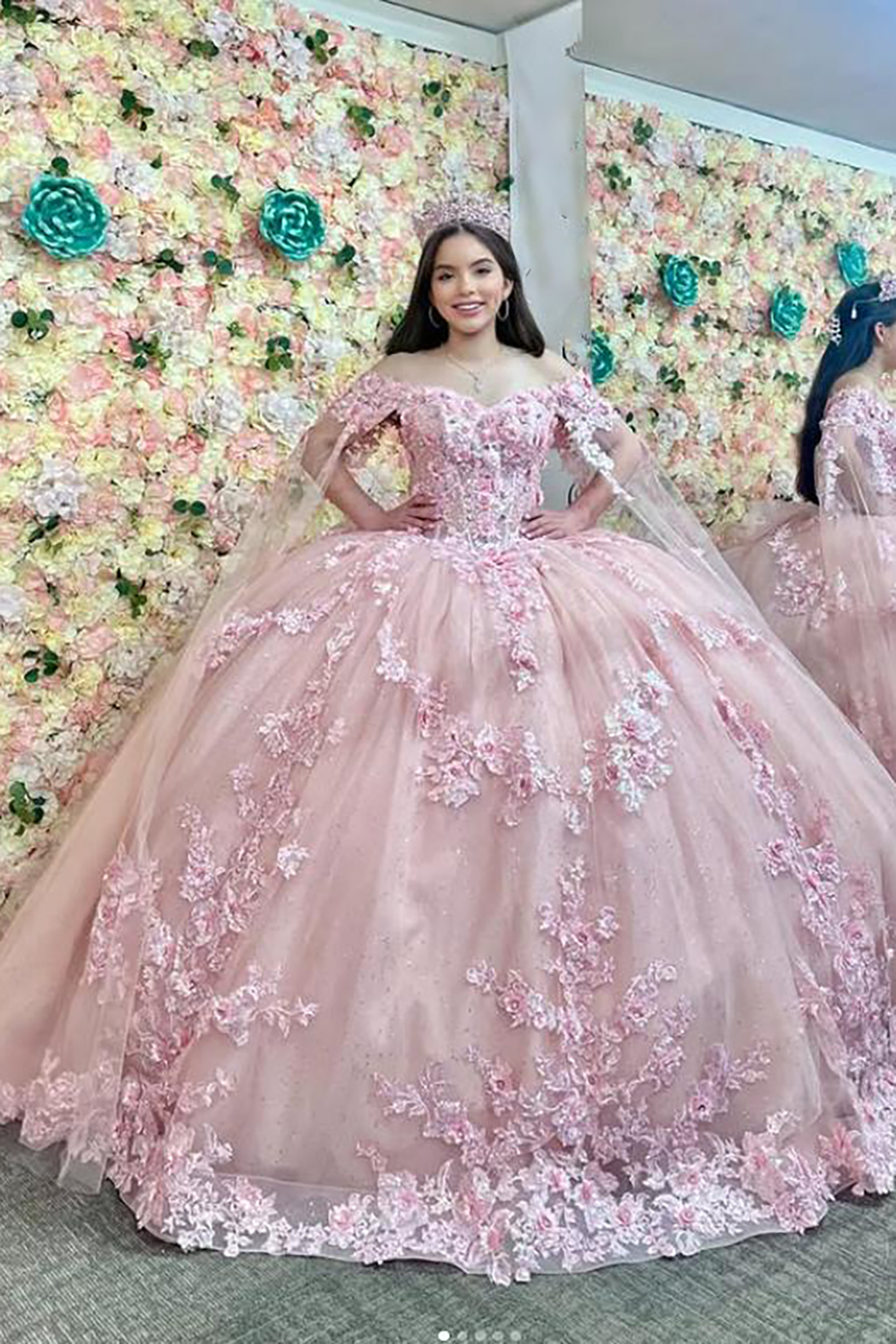 Blush Pink Off the Shoulder Sequin Applique Princess Tulle Quinceanera Dress with Cape