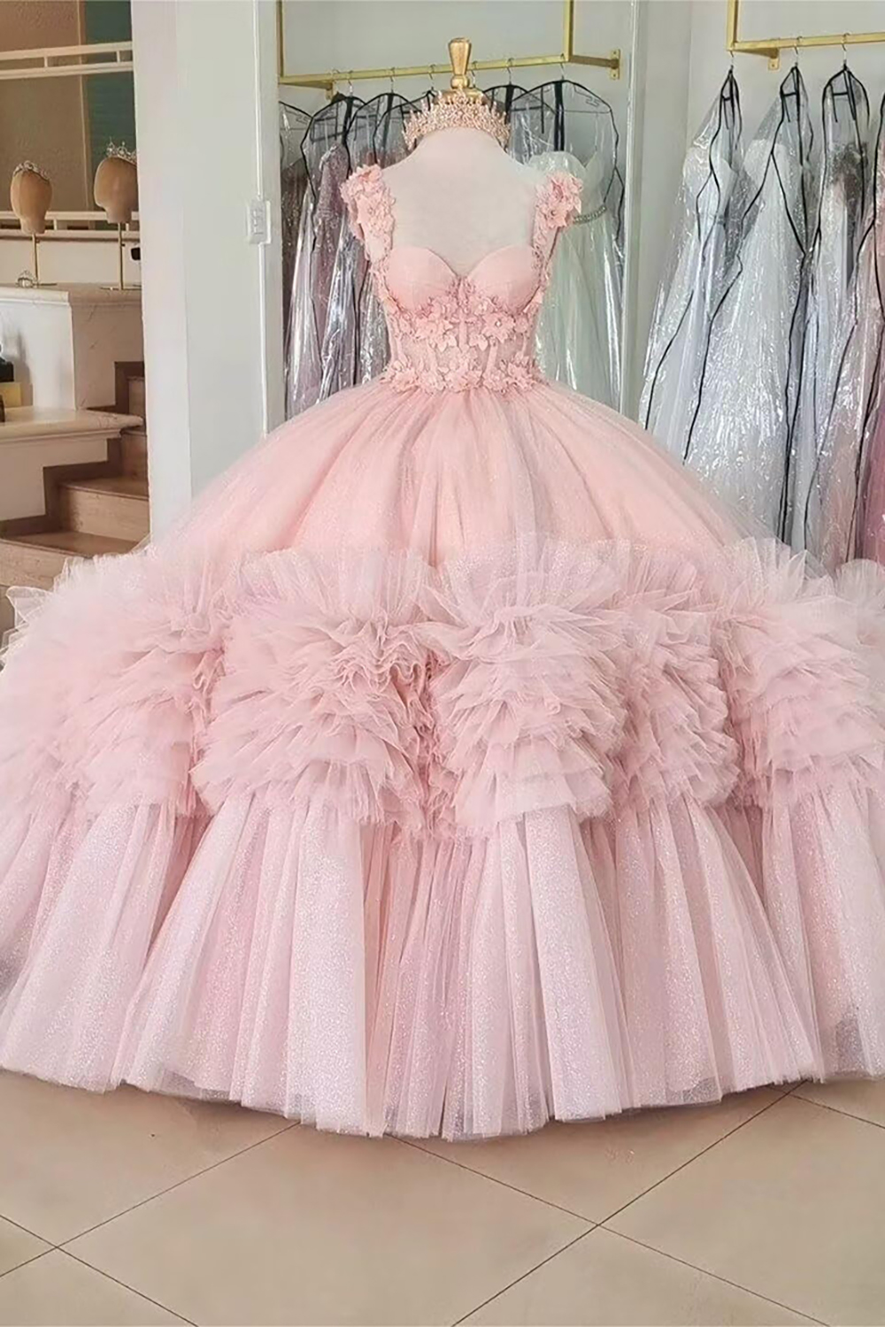 Pink Tulle Tiered Ball Gown Spaghetti Straps Applique Quinceanera Dress