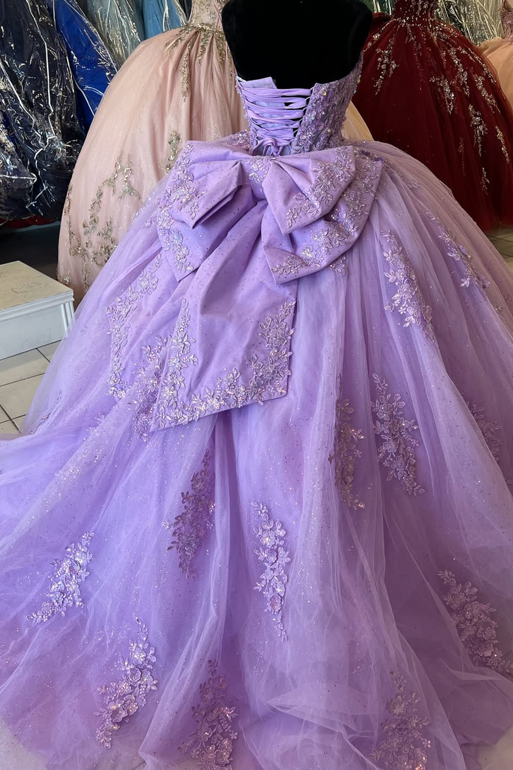Sparkly Lilac Off the Shoulder Applique Ball Gown Quinceanera Dress with Bow