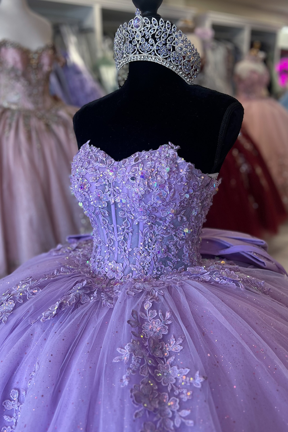 Sparkly Lilac Off the Shoulder Applique Ball Gown Quinceanera Dress with Bow