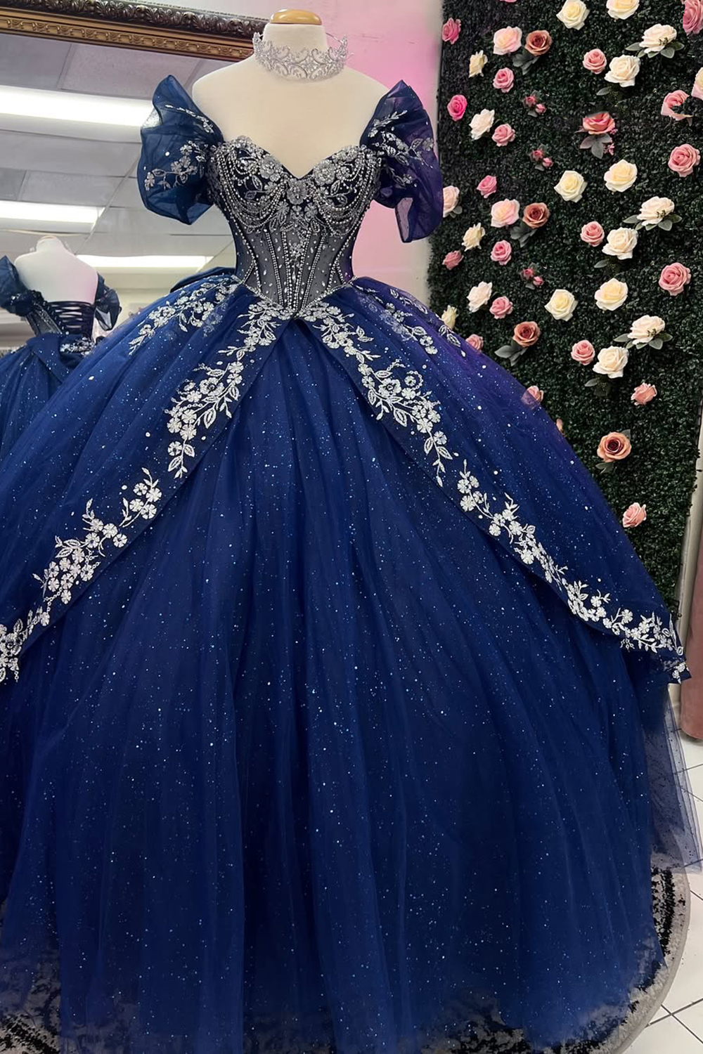 Sparkly Navy Off the Shoulder Applique Princess Quinceanera Dress with Beading