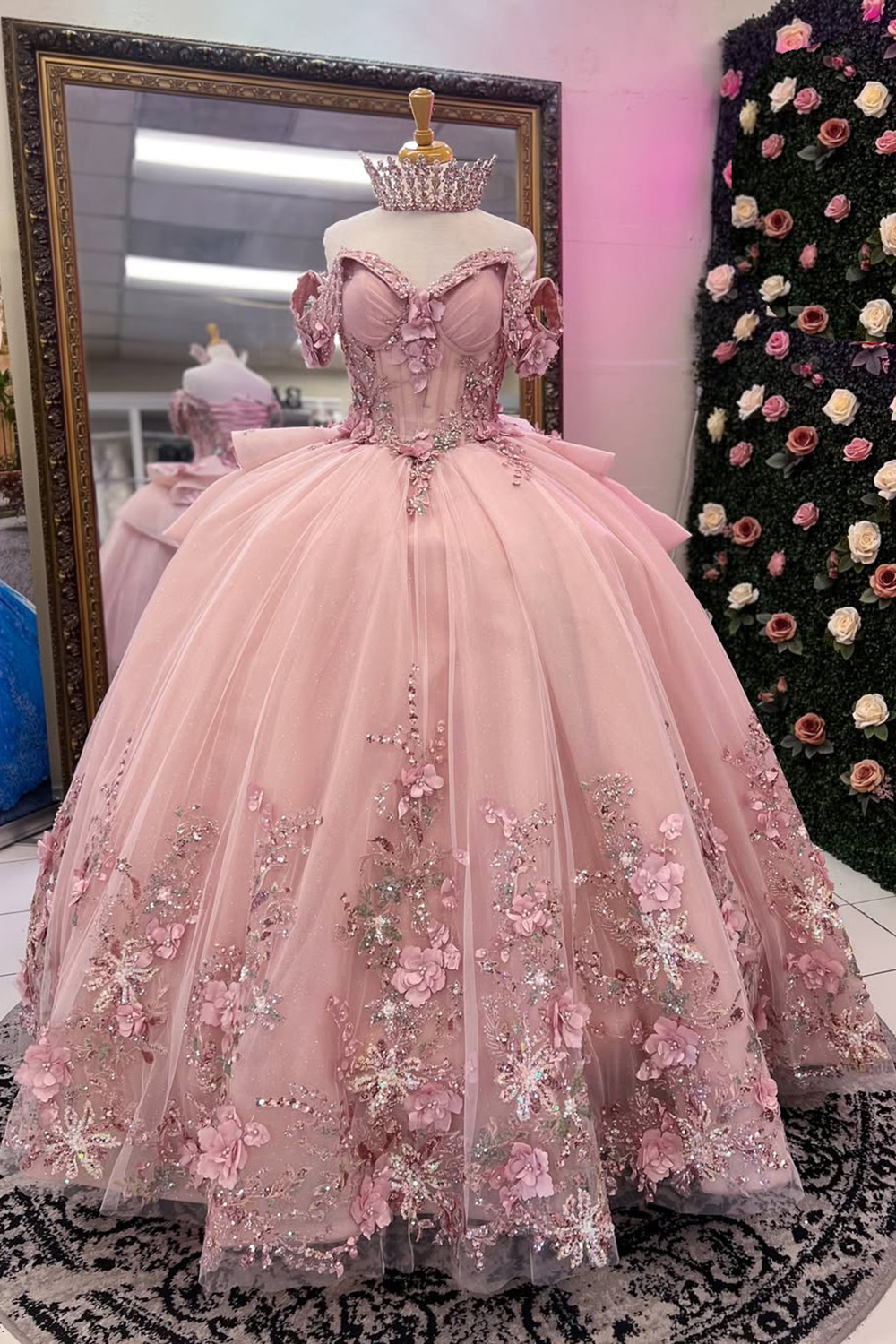 Glitter Pink Floral Off the Shoulder Applique Princess Tulle Quinceanera Dress with Train
