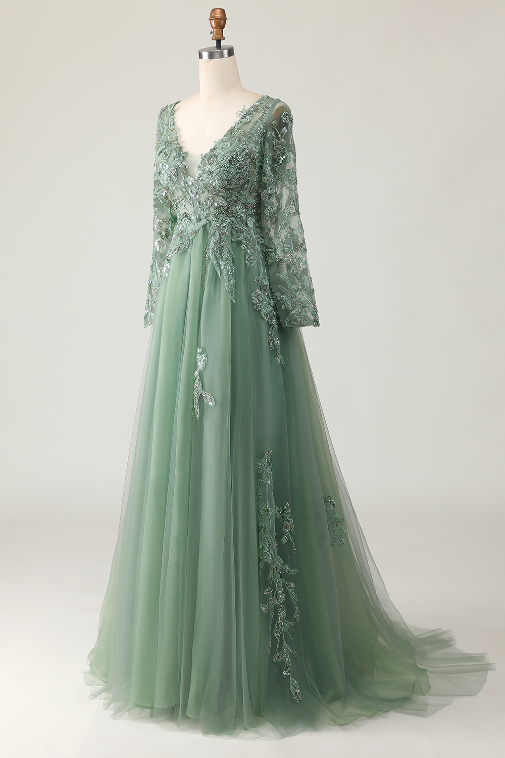 Sage V-Neck Appliqued A-Line Long Sleeves Prom Dress