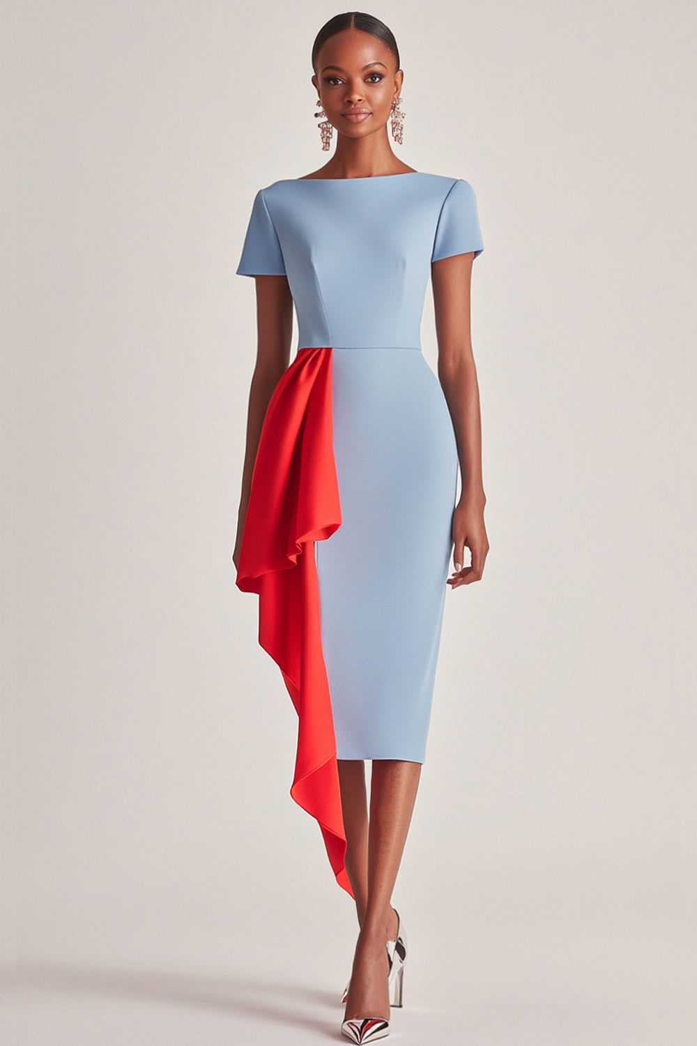 Blue Sheath Satin Tea Length Formal Dress with Short Sleeves