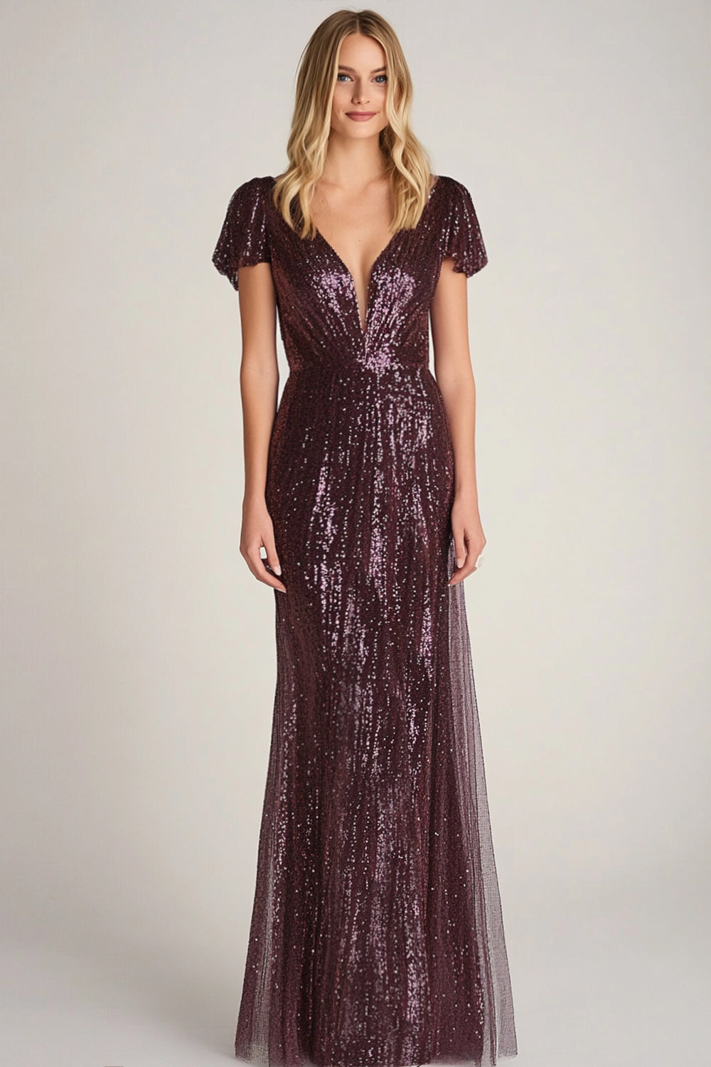 Burgundy Long Sheath Ankle Neck Formal Dress with Cap Sleeves