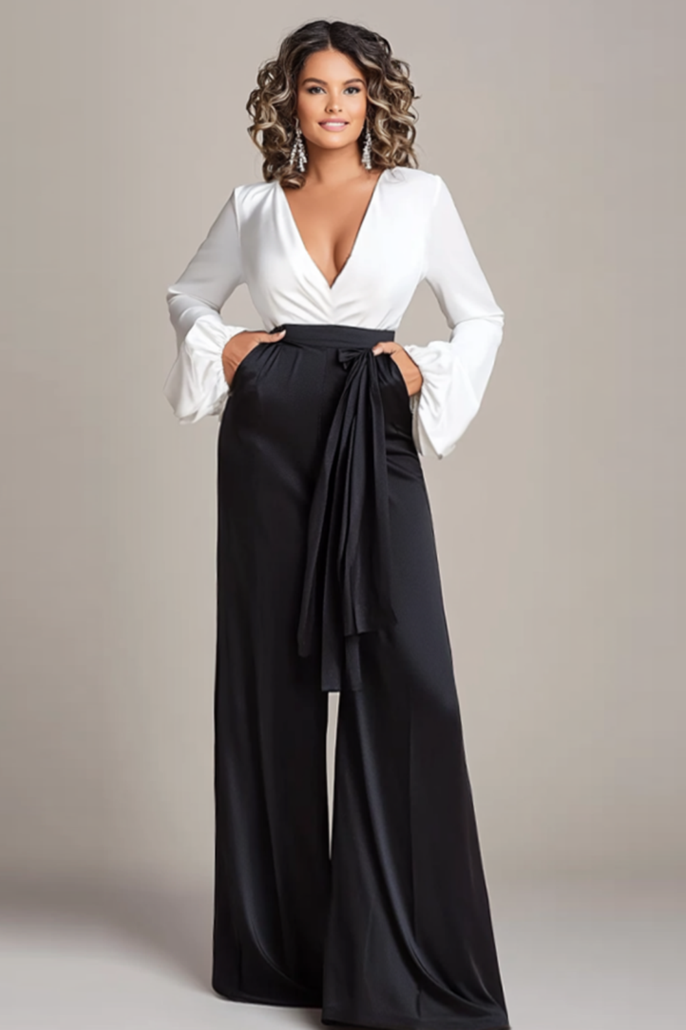 Deep V-Neck White and Black Satin Long Sleeves Formal Jumpsuits