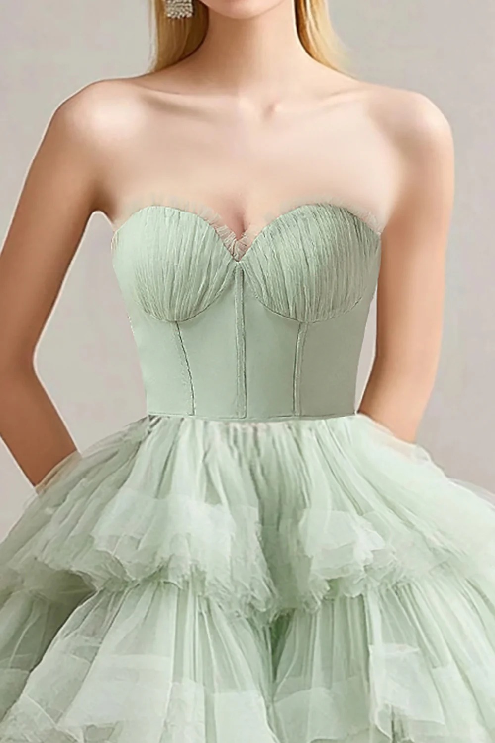 Strapless A Line Sage Tulle Tiered Long Prom Dress with Ruffles