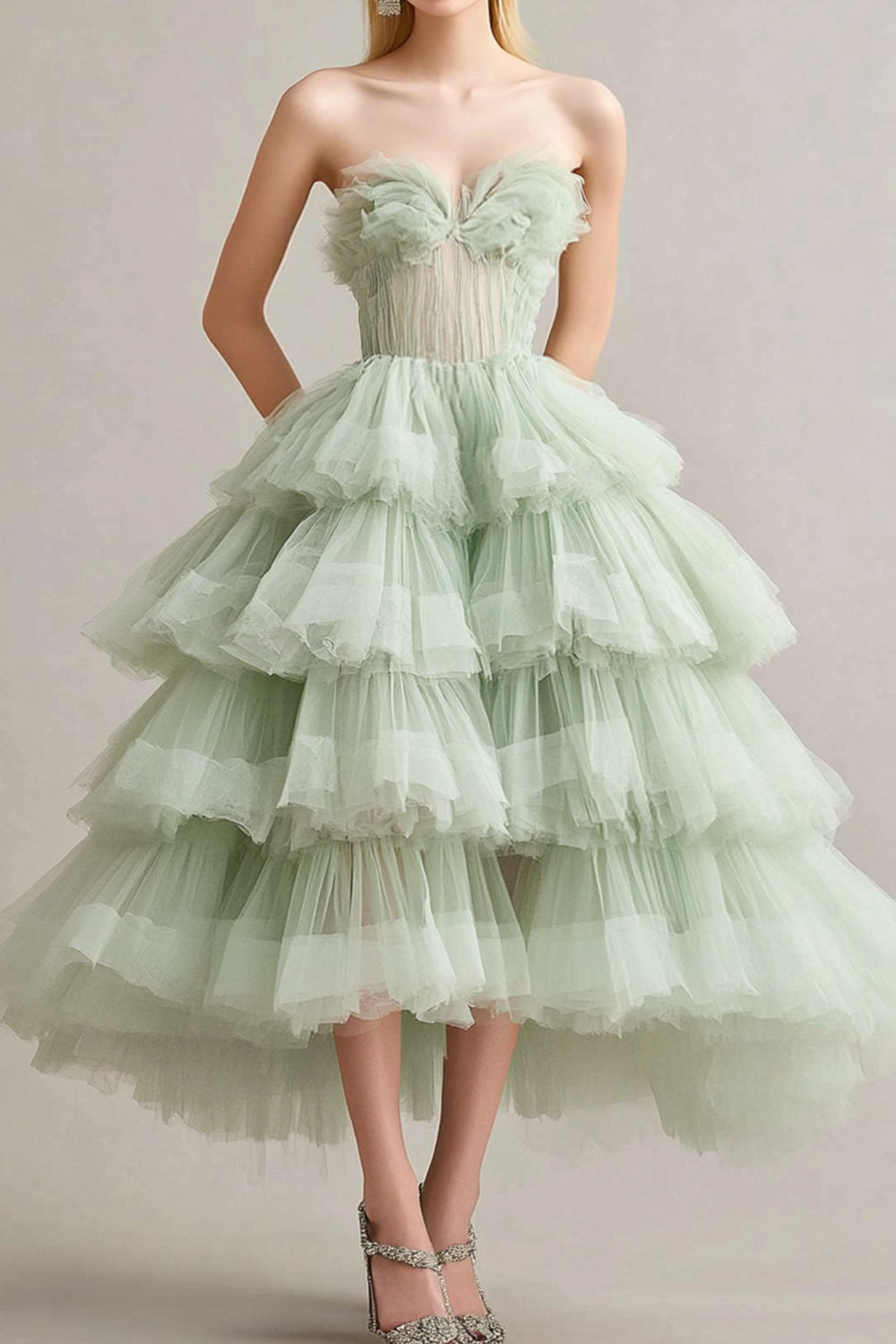 Strapless A Line Sage Tulle Formal Dress with Ruffles