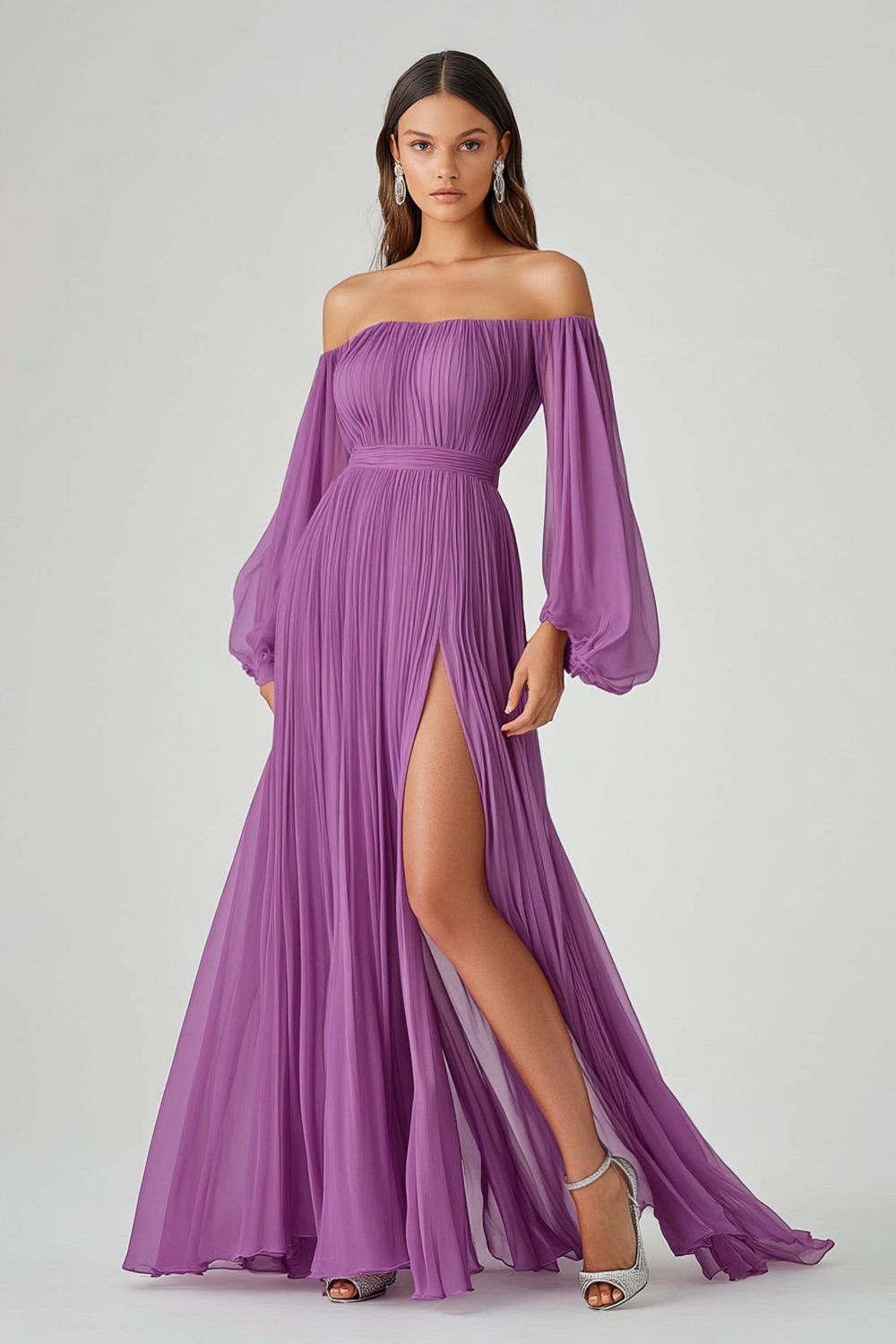 Long Chiffon Purple A Line Long Sleeves Formal Dress with Slit