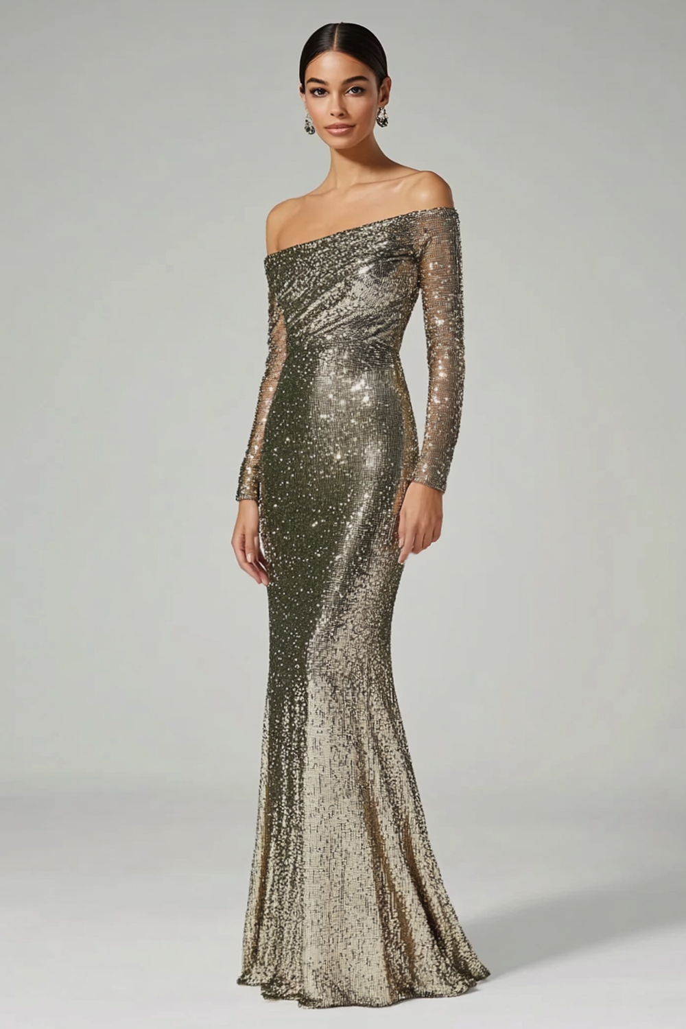 Sparkly Golden Sheath Off The Shoulder Sequin Long Formal Dress