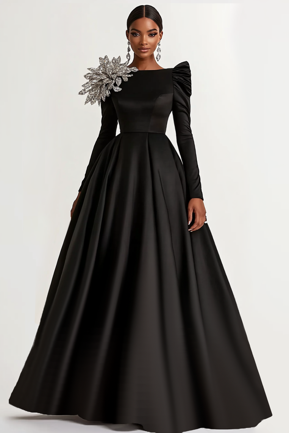 A-Line Long Black Satin Boat Neck Formal Dress with Long Sleeves