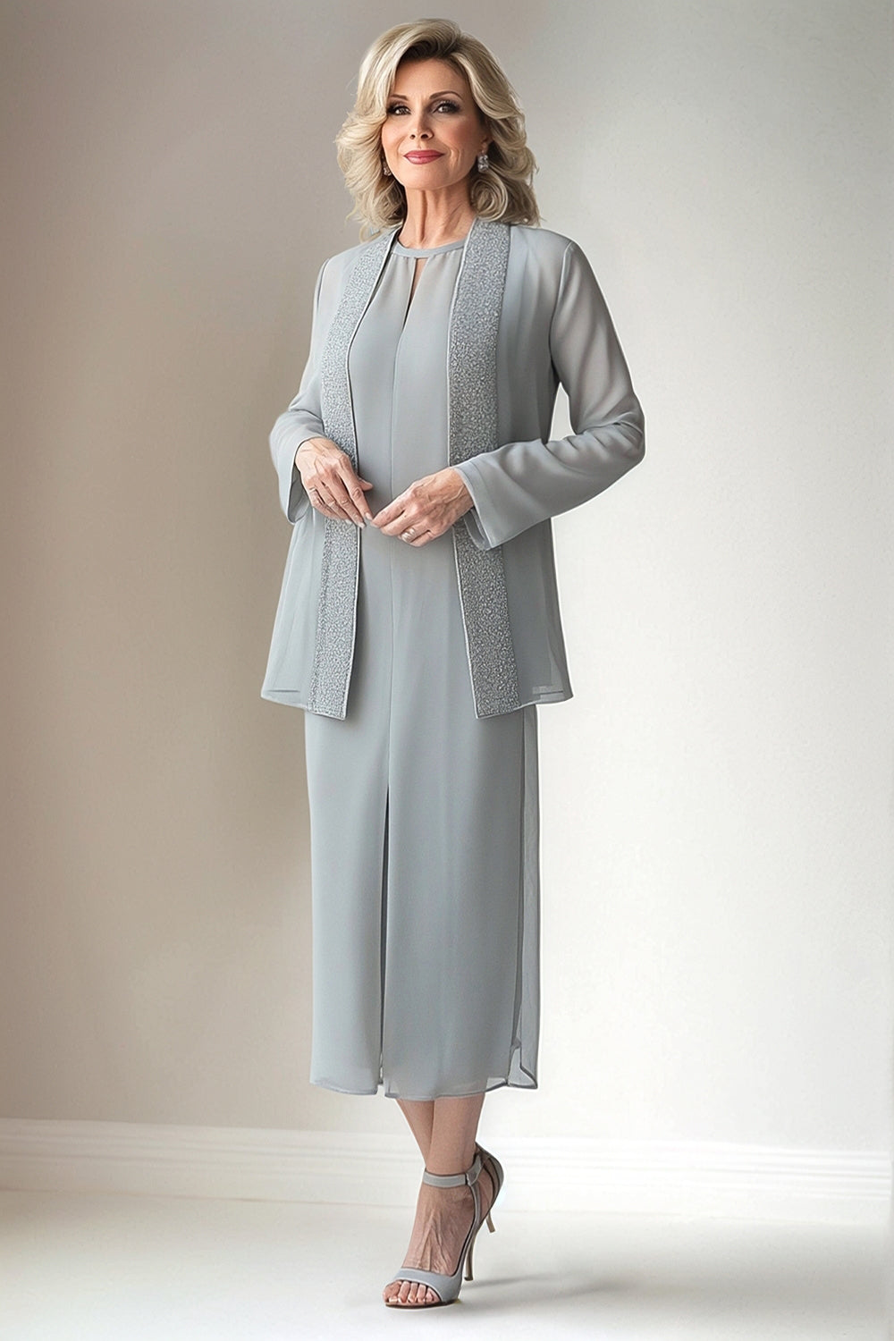 Light Grey Chiffon Round Neck 2 Piece Mother of The Bride Dress