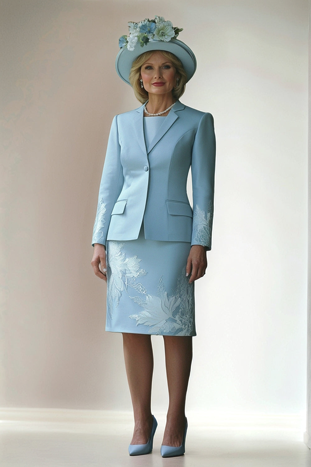 Blue Bodycon Round Neck 2 Piece Mother of The Bride Dress with Appliques