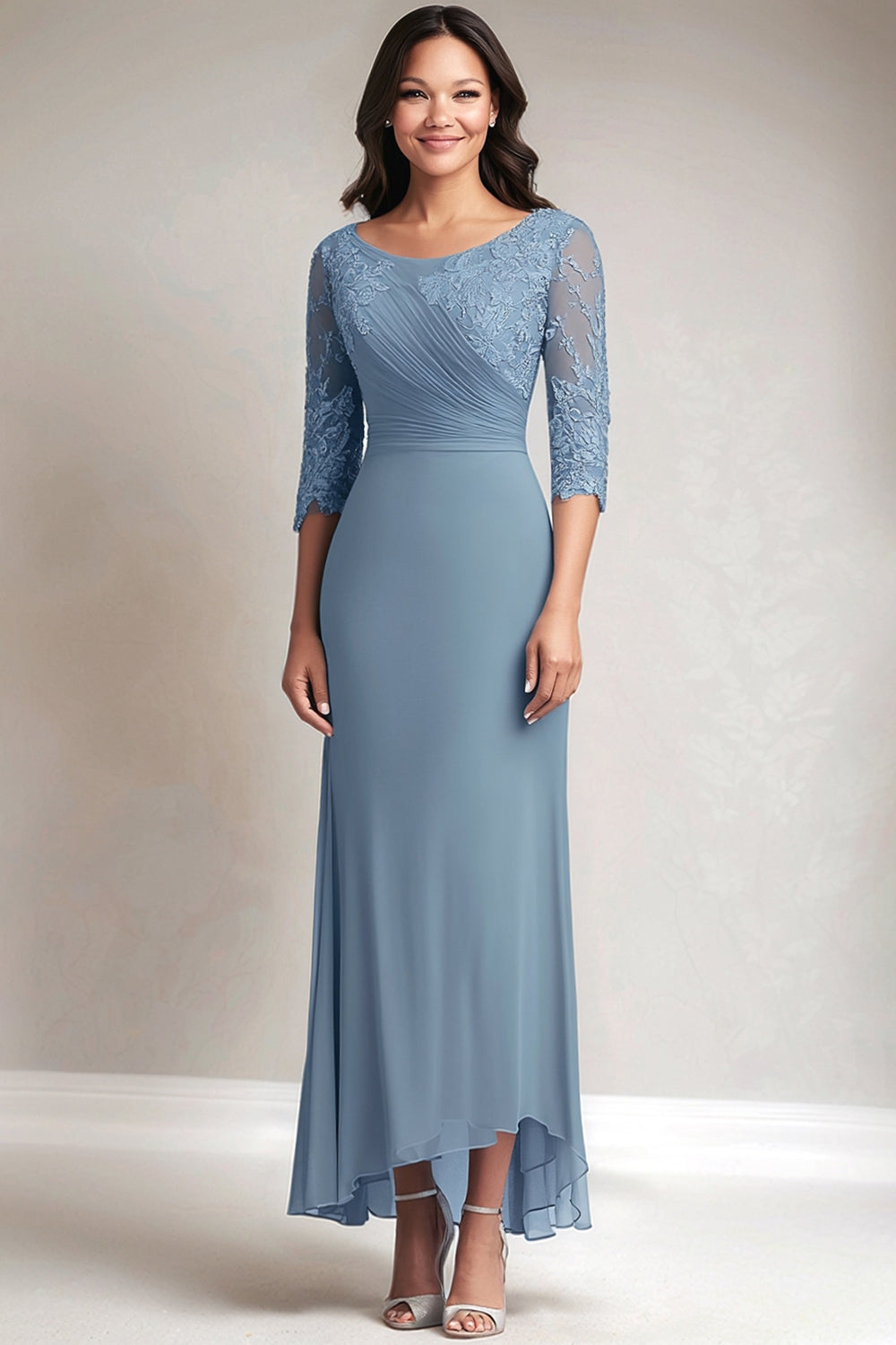 Dusty Blue Chiffon Round Neck Lace Mother of The Bride Dress with Half Sleeves