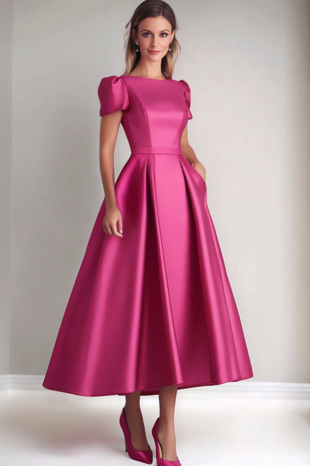 Fuchsia A Line Satin Formal Dress with Puff Sleeves