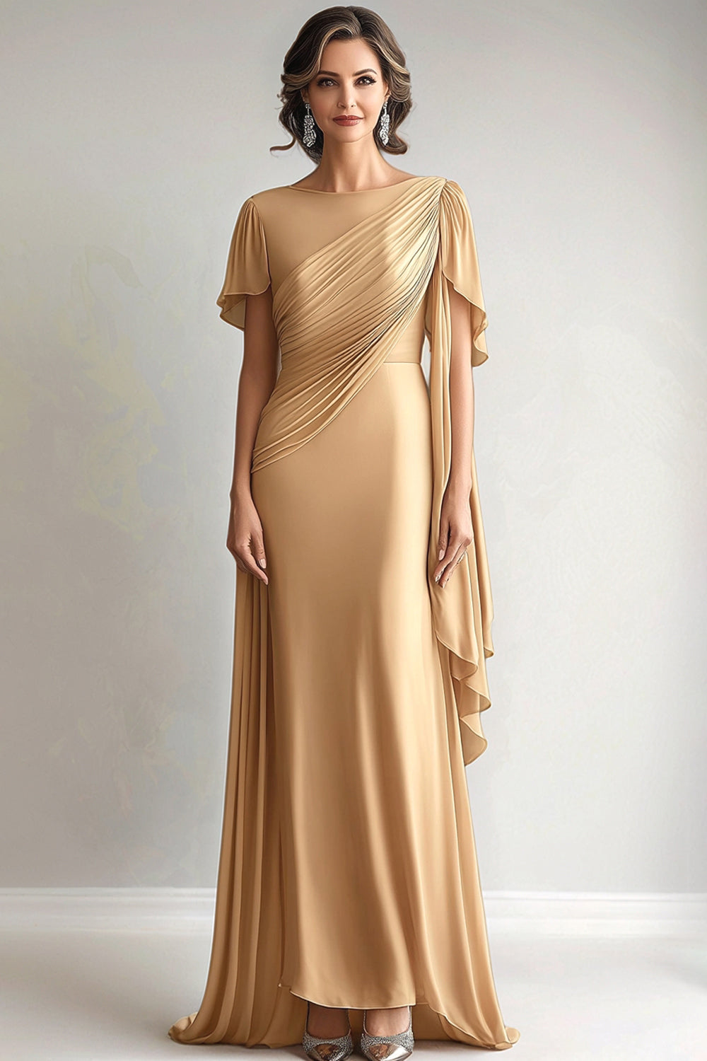 Golden Elegant Ruched Mother of the Bride Dress with Short Sleeves