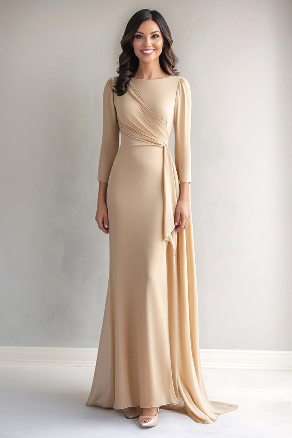 Champagne Sheath Ruched Mother of the Bride Dress with Long Sleeves