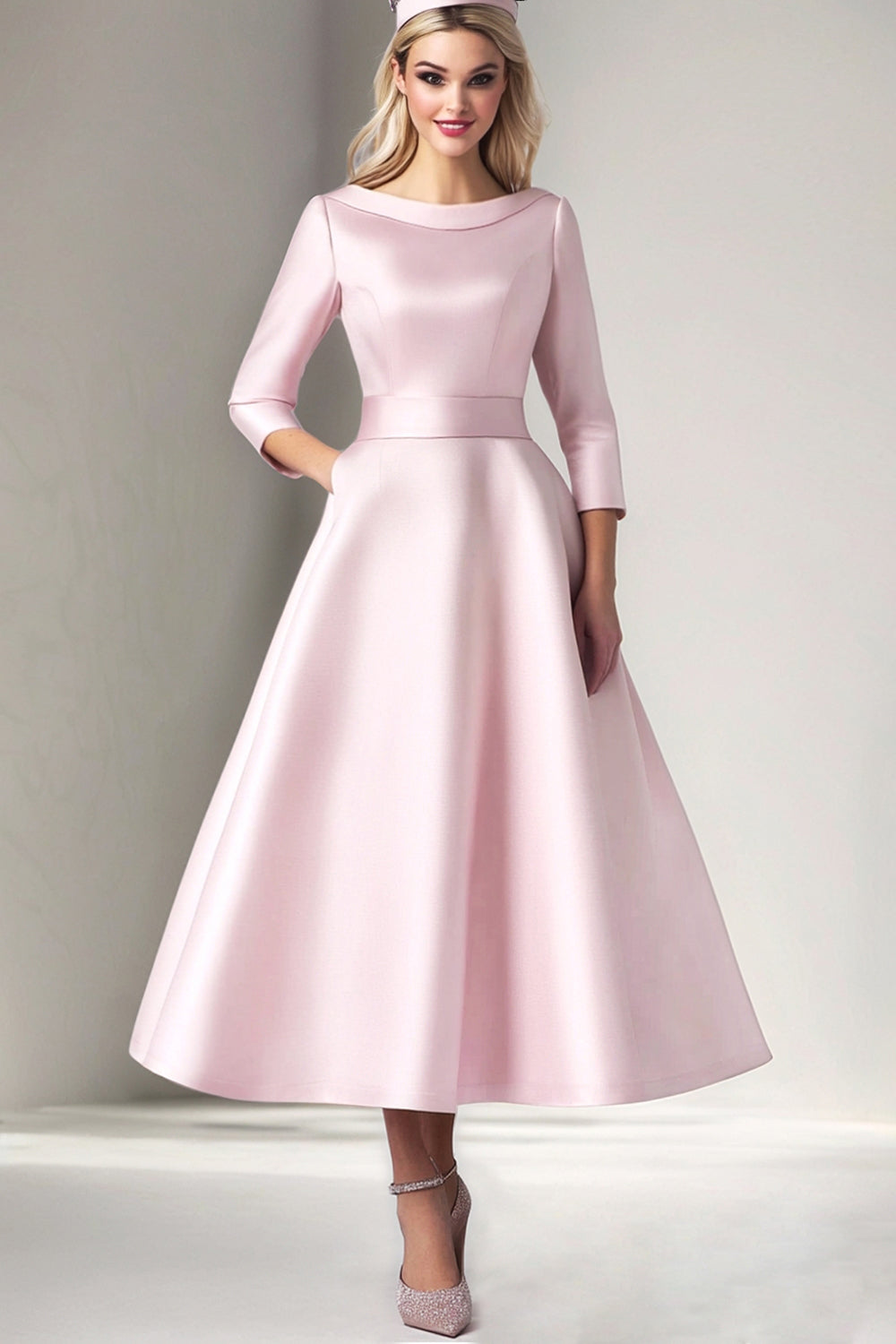 Pink Satin A Line Tea Length Formal Dress with 3/4 Sleeves