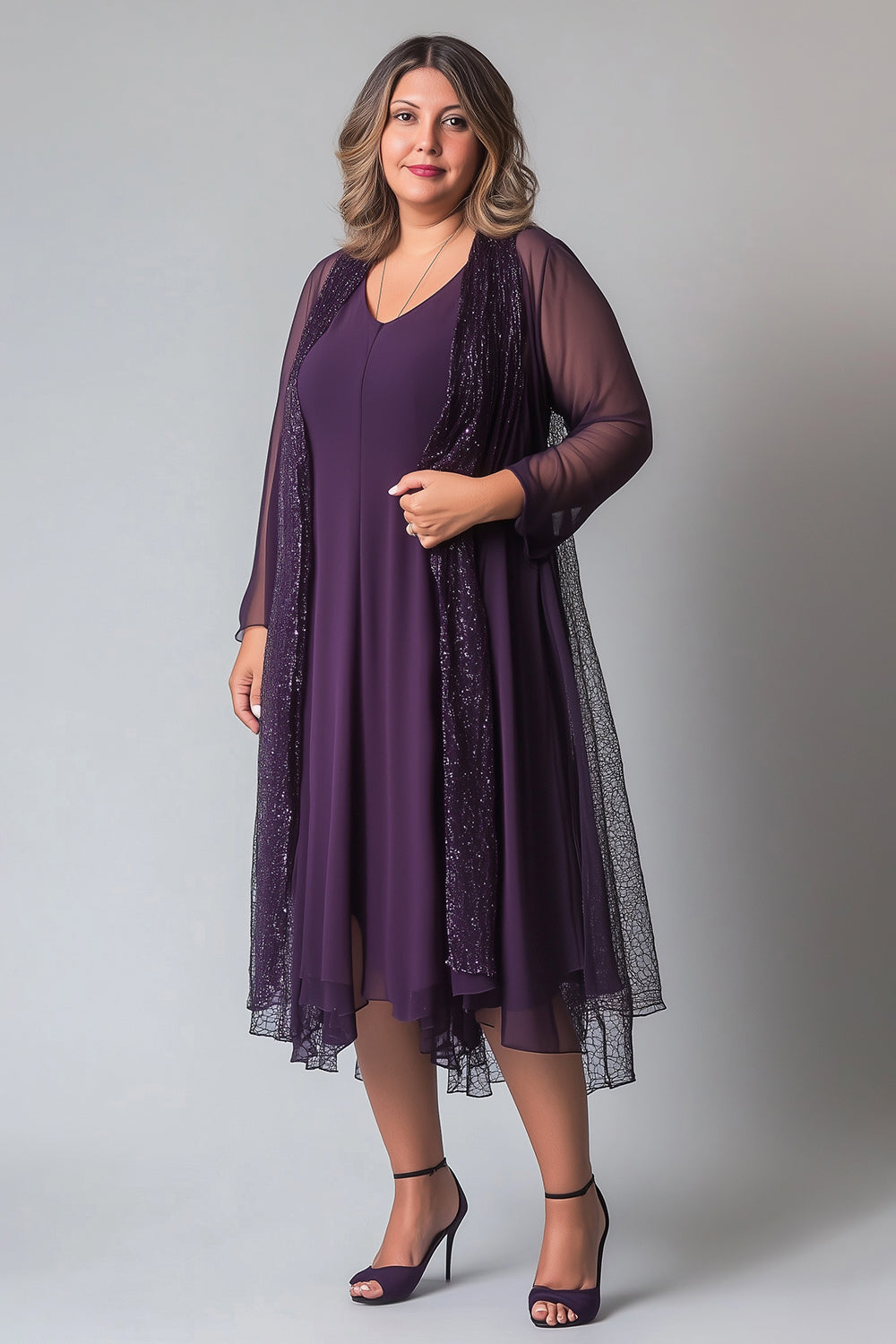 Sparkly Purple Chiffon A Line V Neck Mother of The Bride Dress with Shawl 