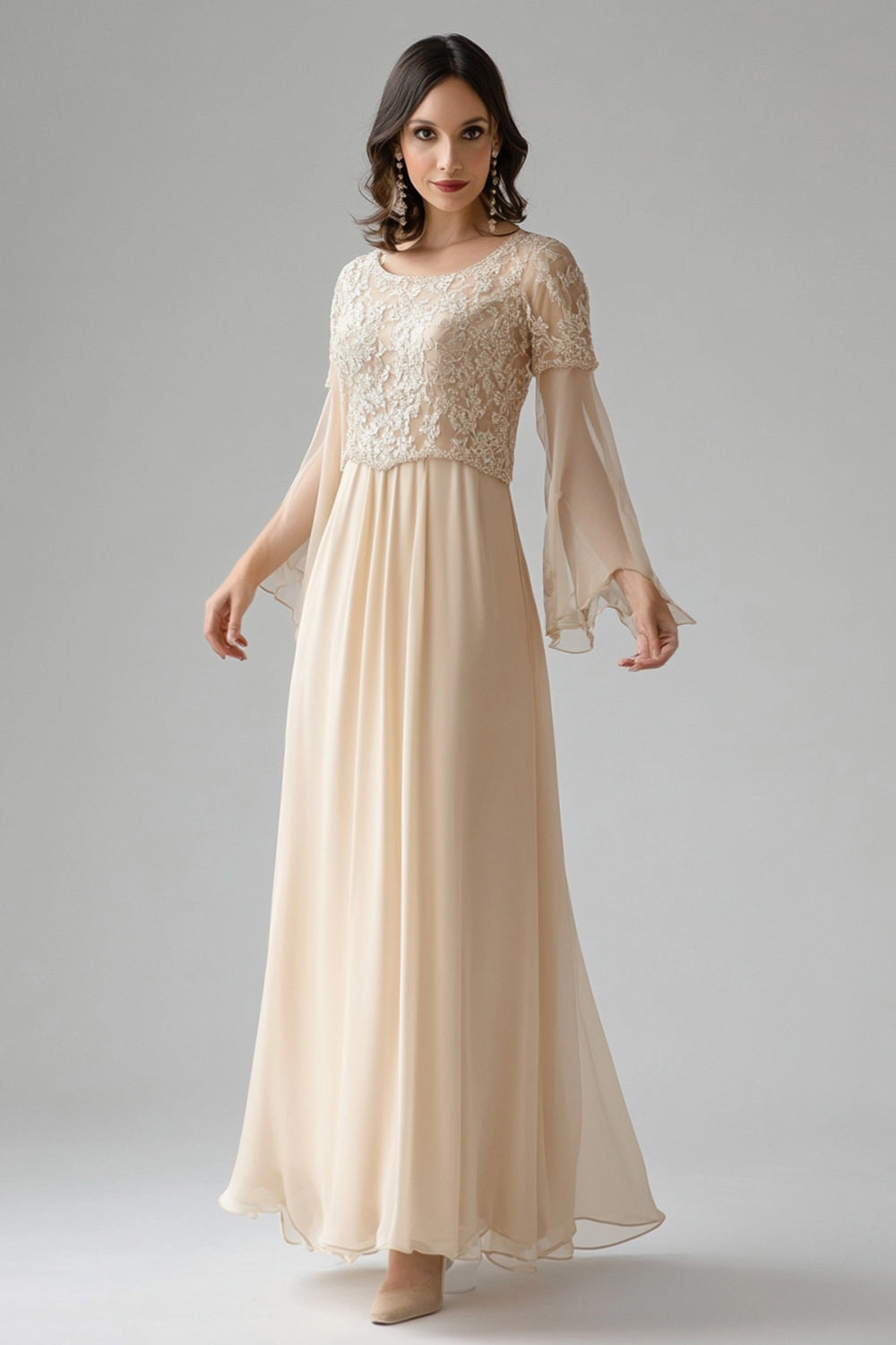 Chiffon Apricot Flare Sleeves Scoop Neck Mother of The Bride Dress with Lace