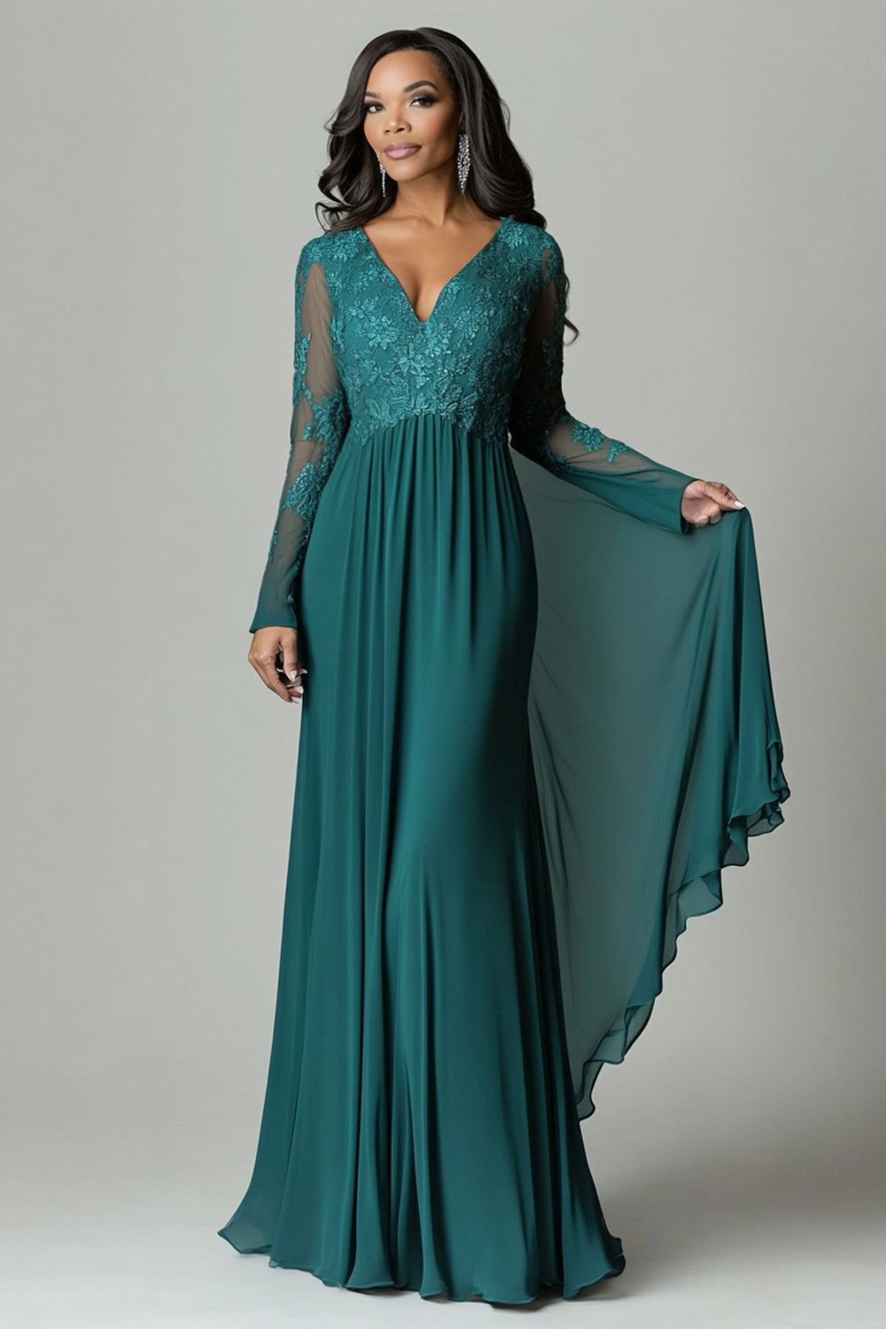 Dark Green Flare Sleeves V Neck Pleated Sheath Mother of The Bride Dress with Appliques