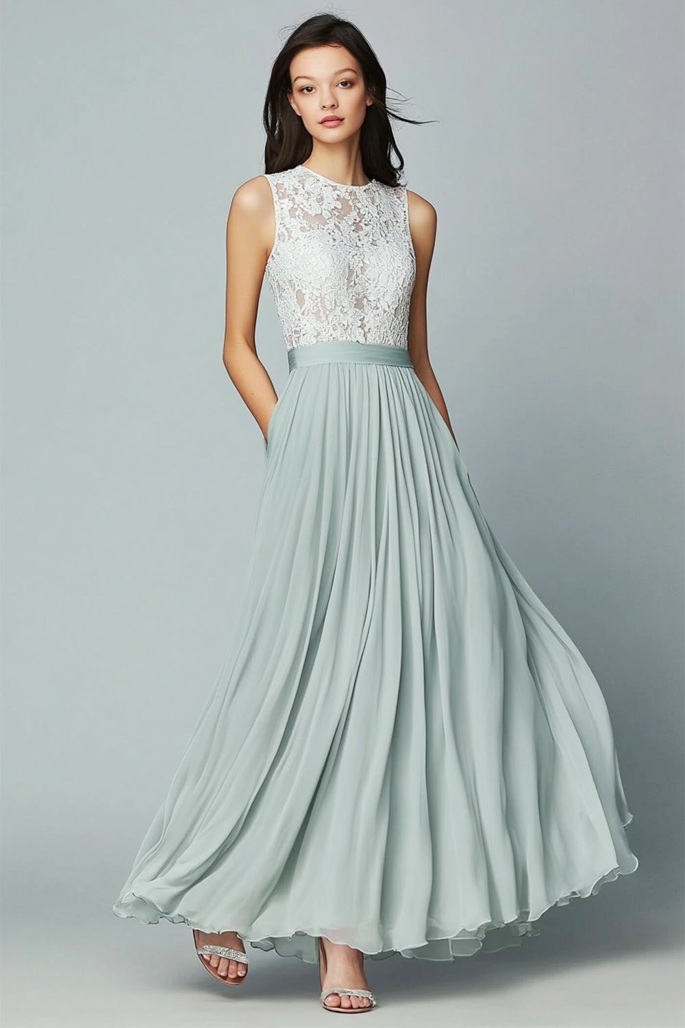 Dusty Sage Round Neck Chiffon A Line Bridesmaid Dress with Lace