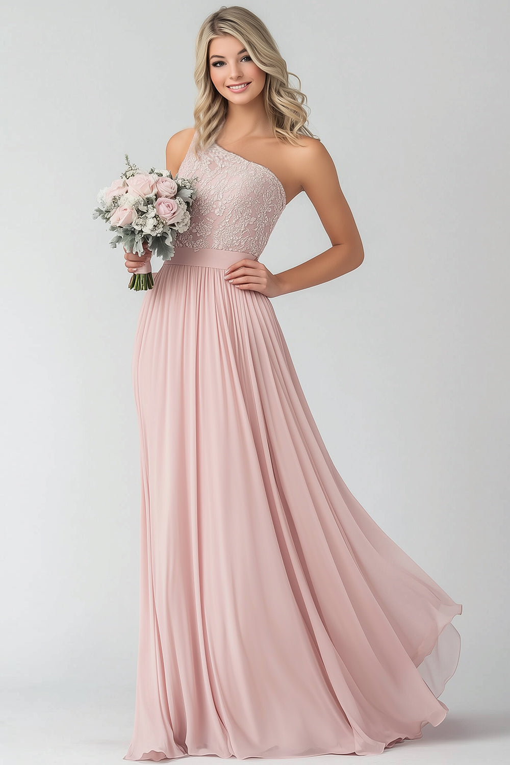 One Shoulder Blush A Line Chiffon Bridesmaid Dress with Lace