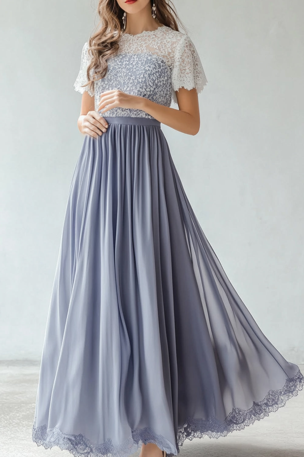 A Line Lace Dusty Blue Chiffon Bridesmaid Dress With Short Sleeves
