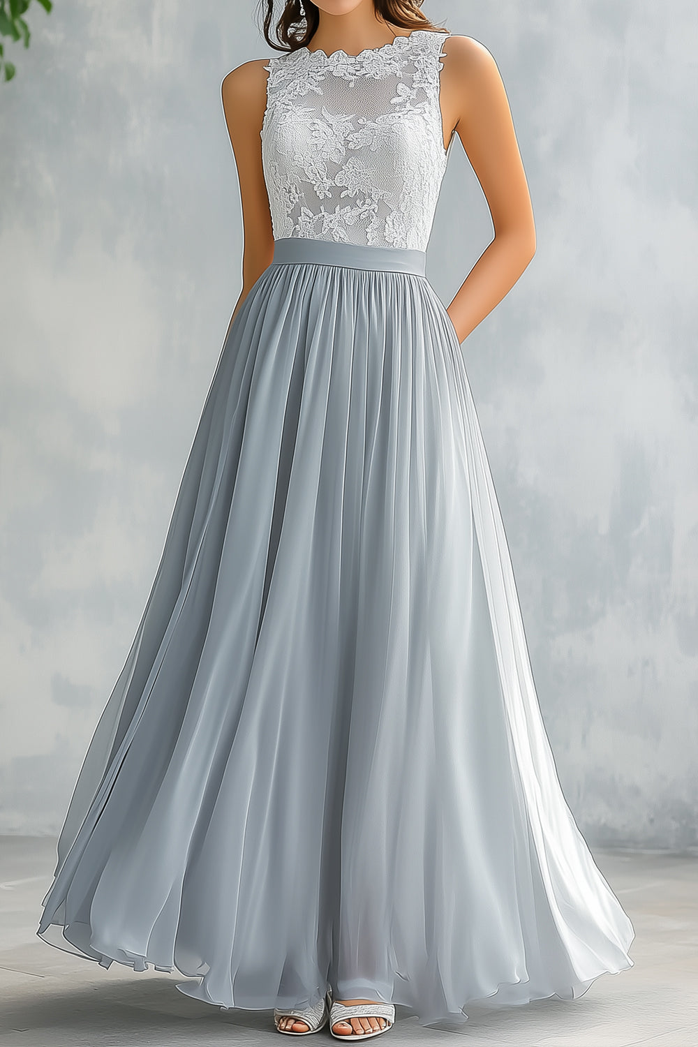 A Line Light Grey Chiffon Long Bridesmaid Dress with Lace