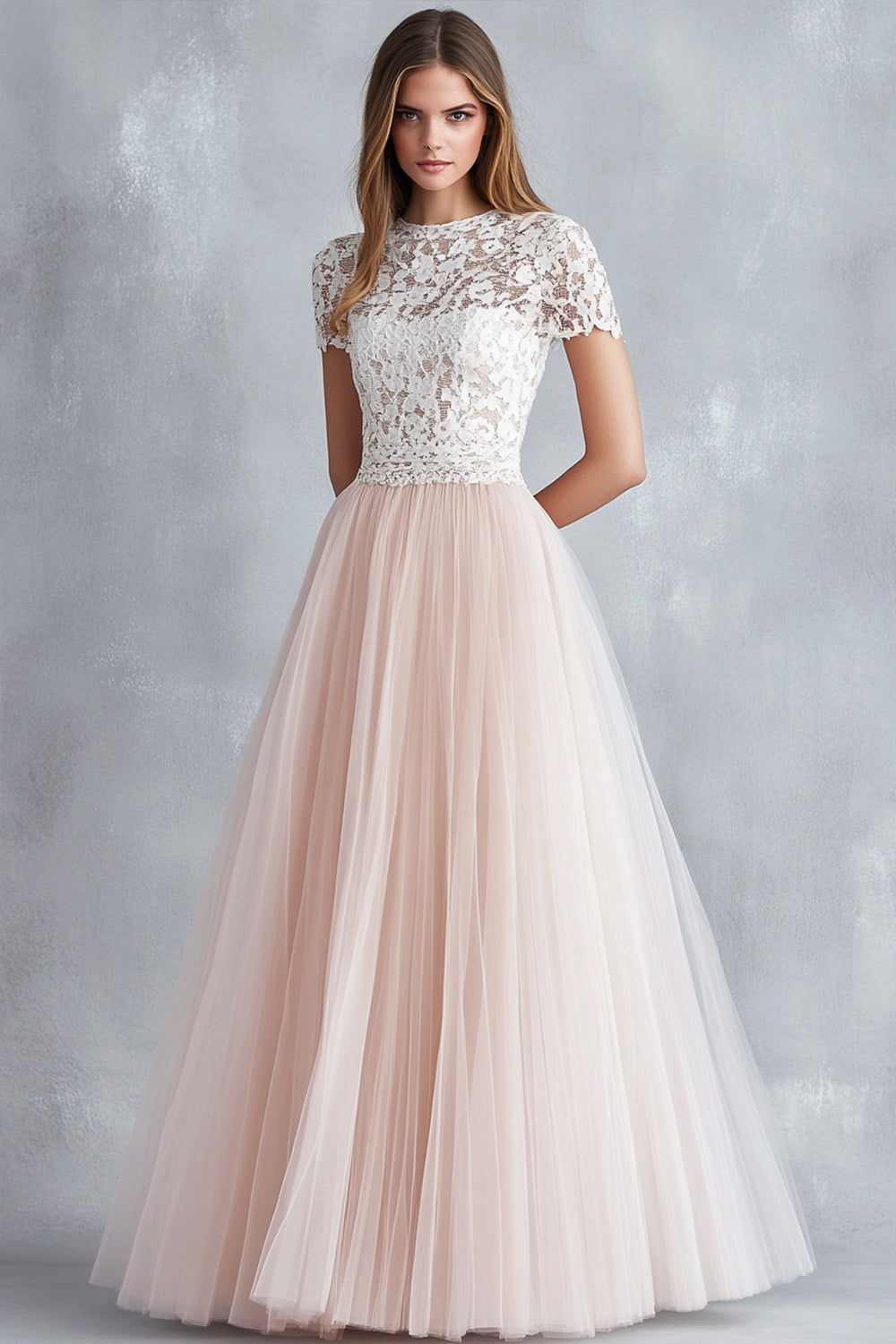 Light Pink A Line Lace Long Bridesmaid Dress With Short Sleeves