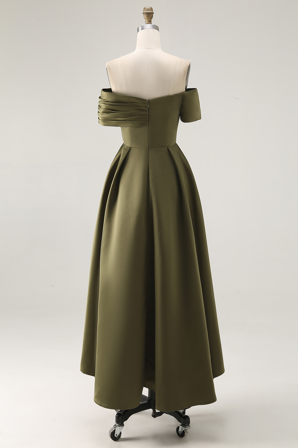 Satin Olive A-Line Off the Shoulder Ruched Ankle Length Formal Dress